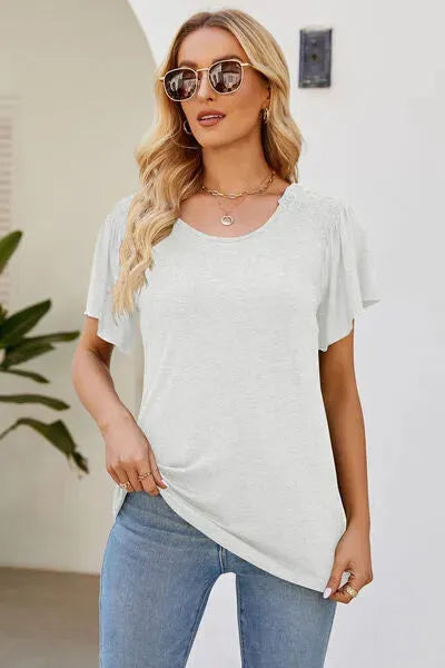 Smocked Round Neck Flutter Sleeve T-Shirt Women's T-Shirts - Tophatter Daily Deals